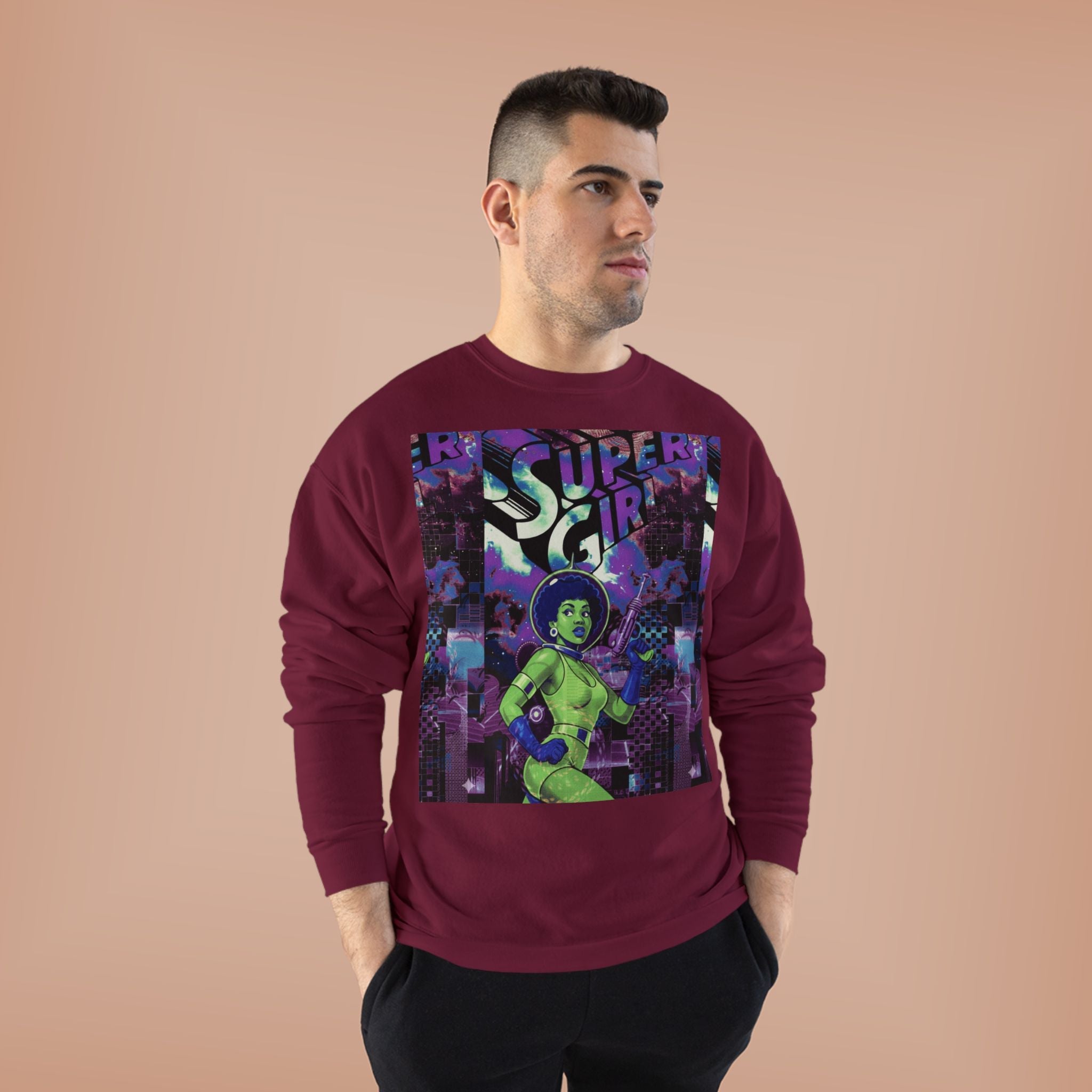 Retro Sci‑Fi 'Supergirl' Graphic Sweatshirt — Neon Space Comic Crewneck