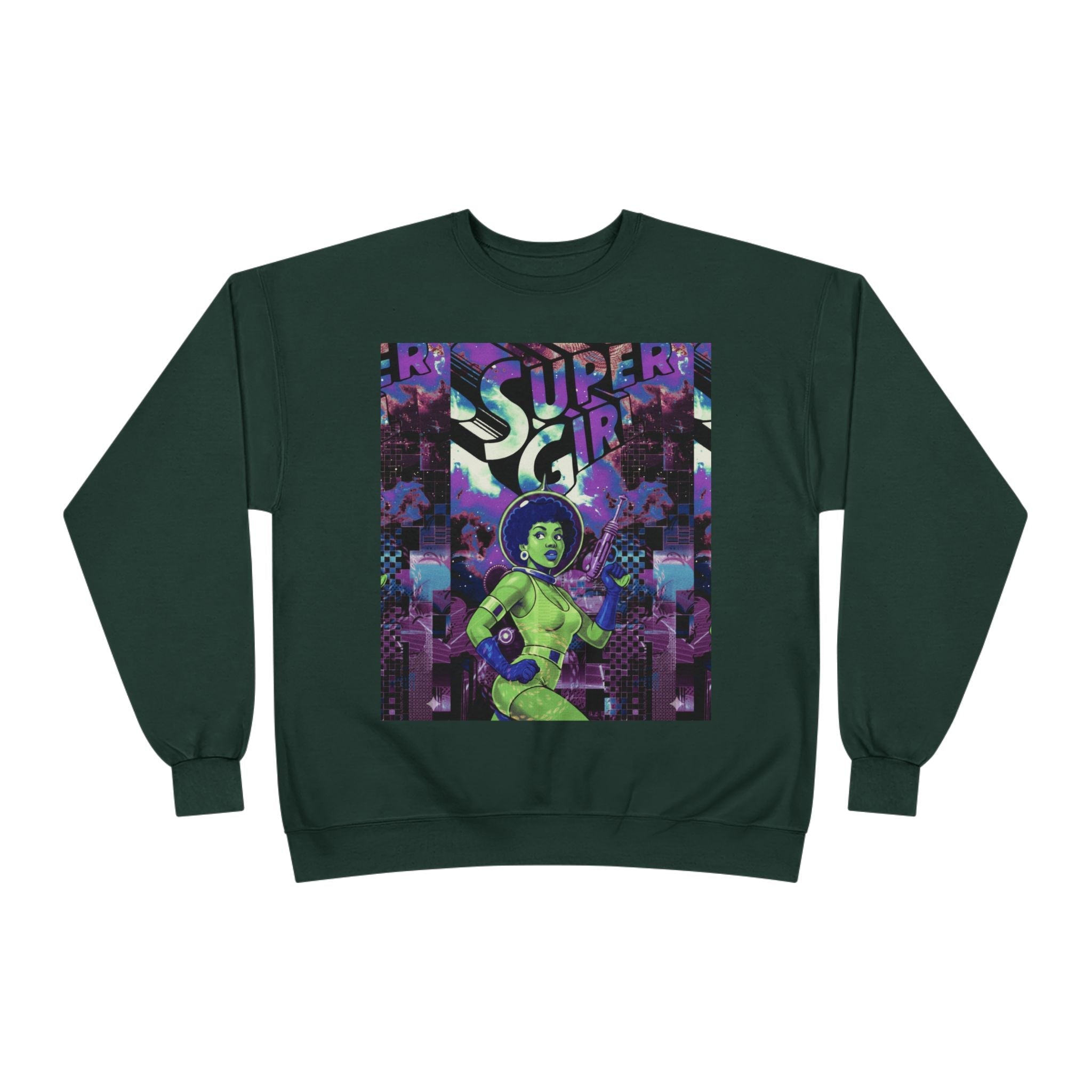 Retro Sci‑Fi 'Supergirl' Graphic Sweatshirt — Neon Space Comic Crewneck