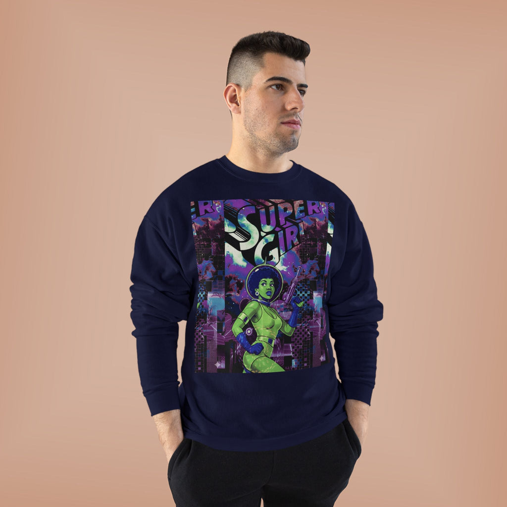Retro Sci‑Fi 'Supergirl' Graphic Sweatshirt — Neon Space Comic Crewneck