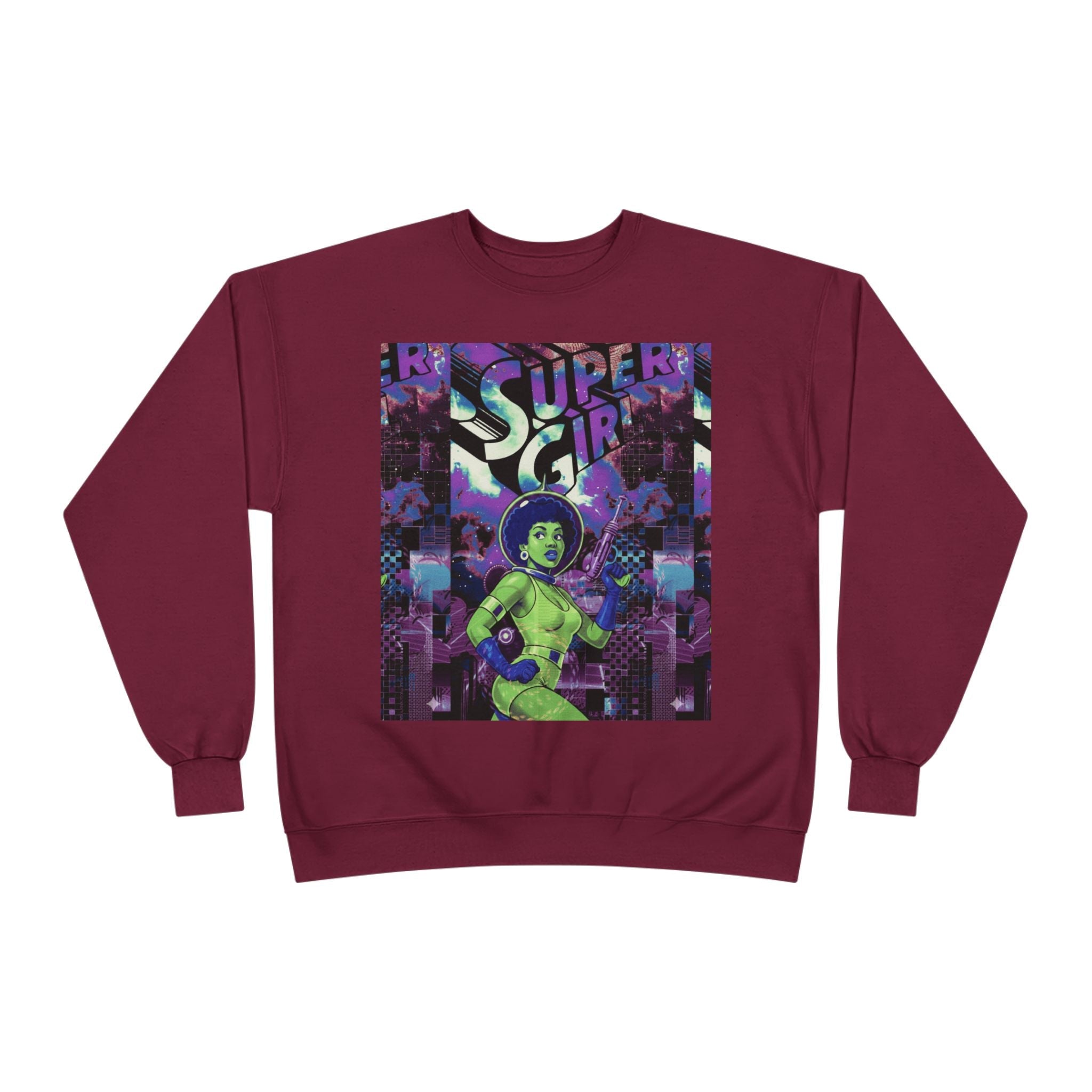 Retro Sci‑Fi 'Supergirl' Graphic Sweatshirt — Neon Space Comic Crewneck