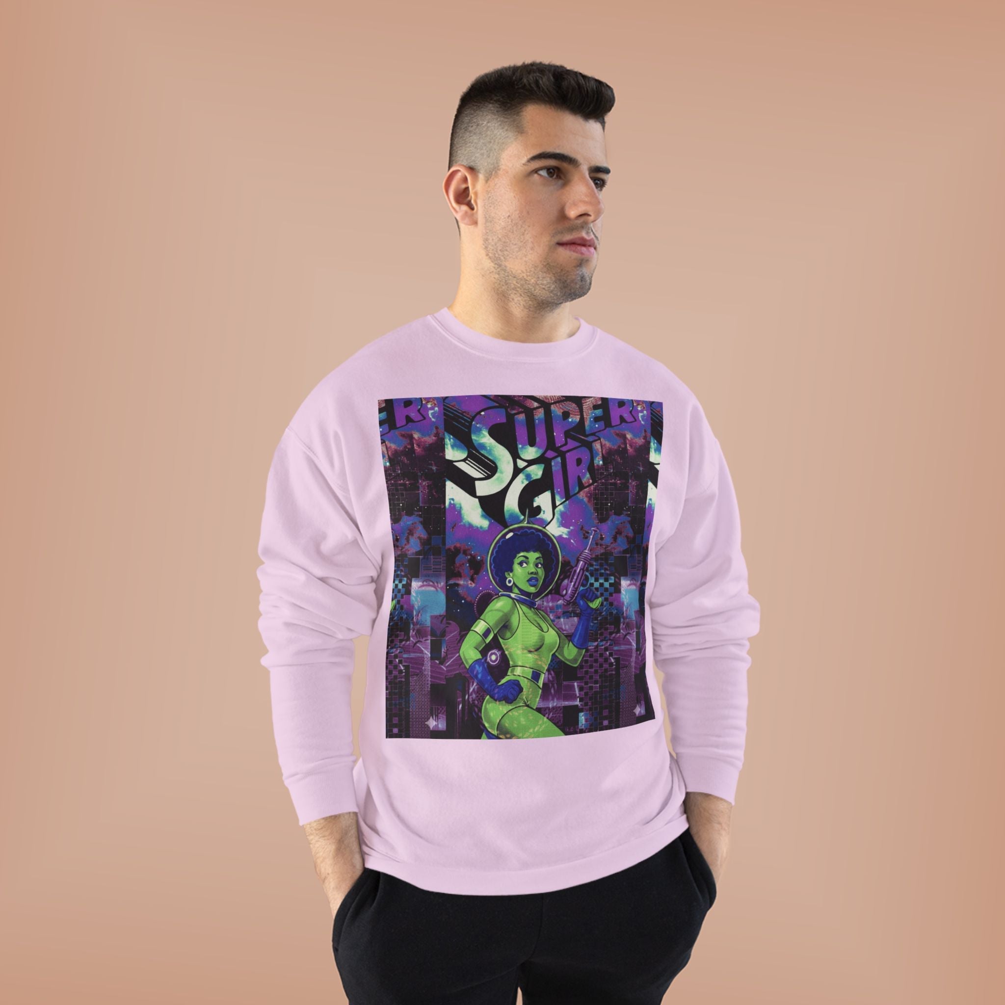 Retro Sci‑Fi 'Supergirl' Graphic Sweatshirt — Neon Space Comic Crewneck