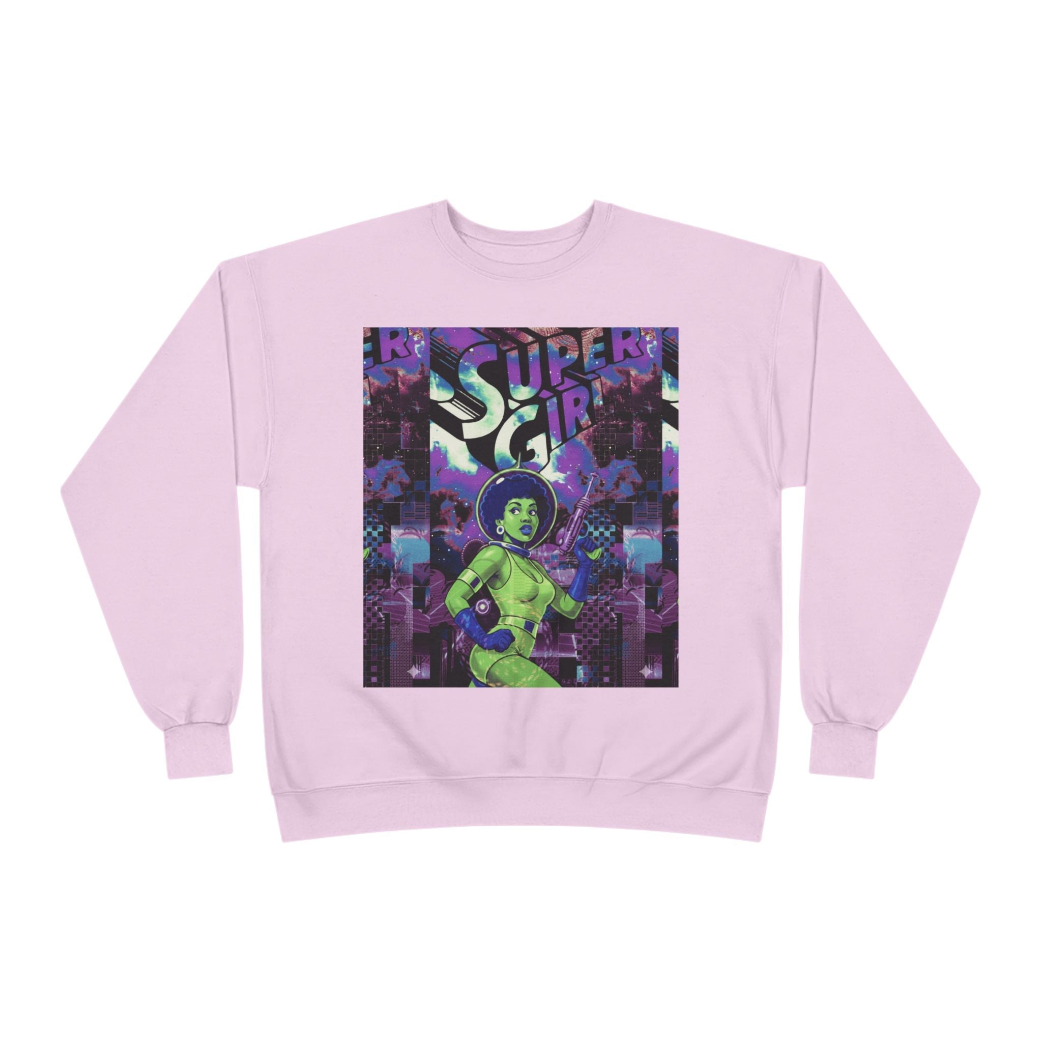 Retro Sci‑Fi 'Supergirl' Graphic Sweatshirt — Neon Space Comic Crewneck