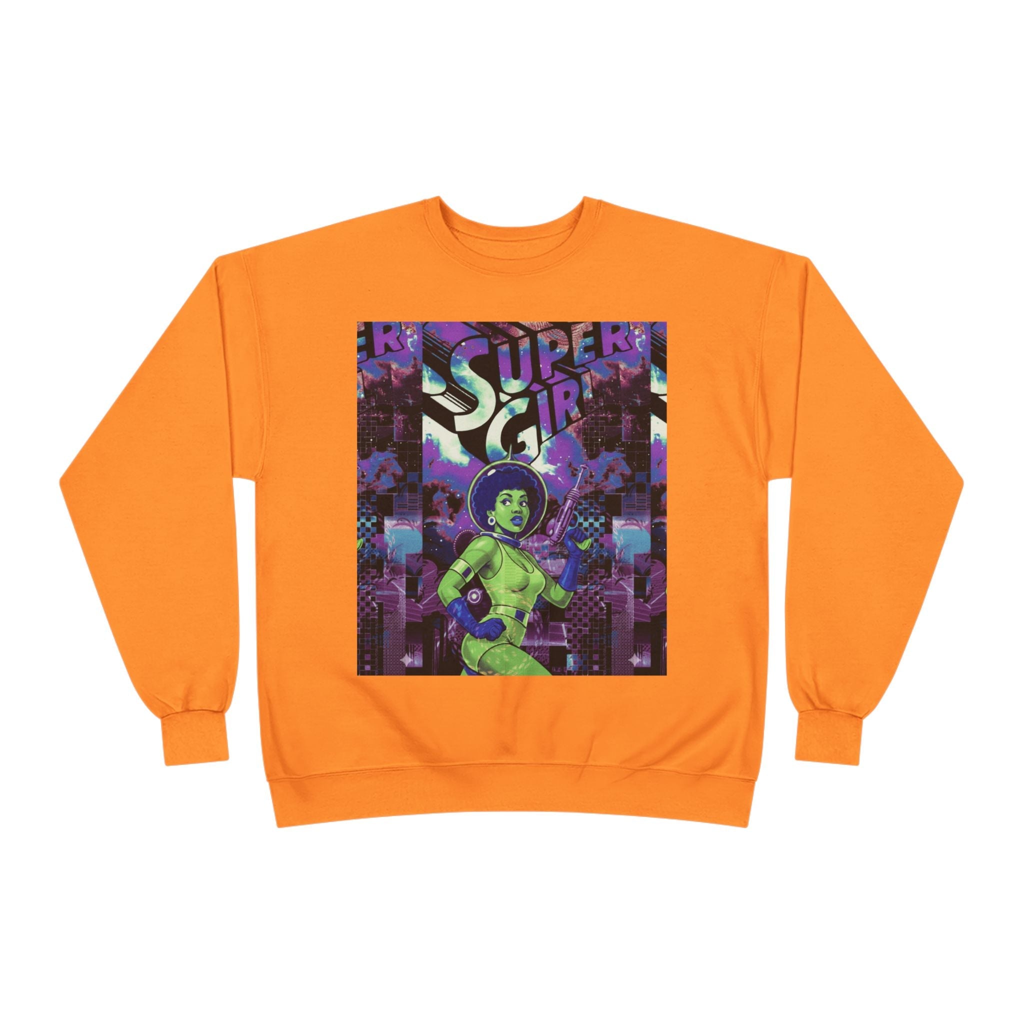 Retro Sci‑Fi 'Supergirl' Graphic Sweatshirt — Neon Space Comic Crewneck