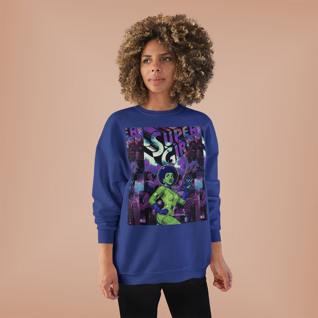 Retro Sci‑Fi 'Supergirl' Graphic Sweatshirt — Neon Space Comic Crewneck