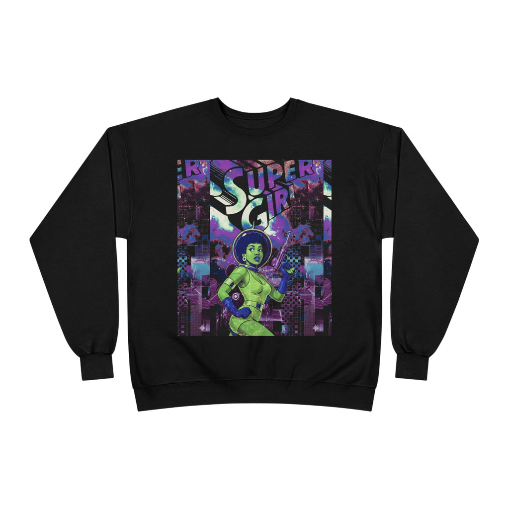 Retro Sci‑Fi 'Supergirl' Graphic Sweatshirt — Neon Space Comic Crewneck