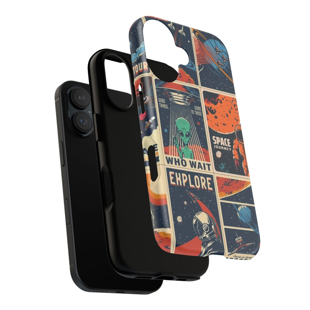 Retro Space Adventure Phone Case — 'Explore' Alien & Astronaut Collage Printify