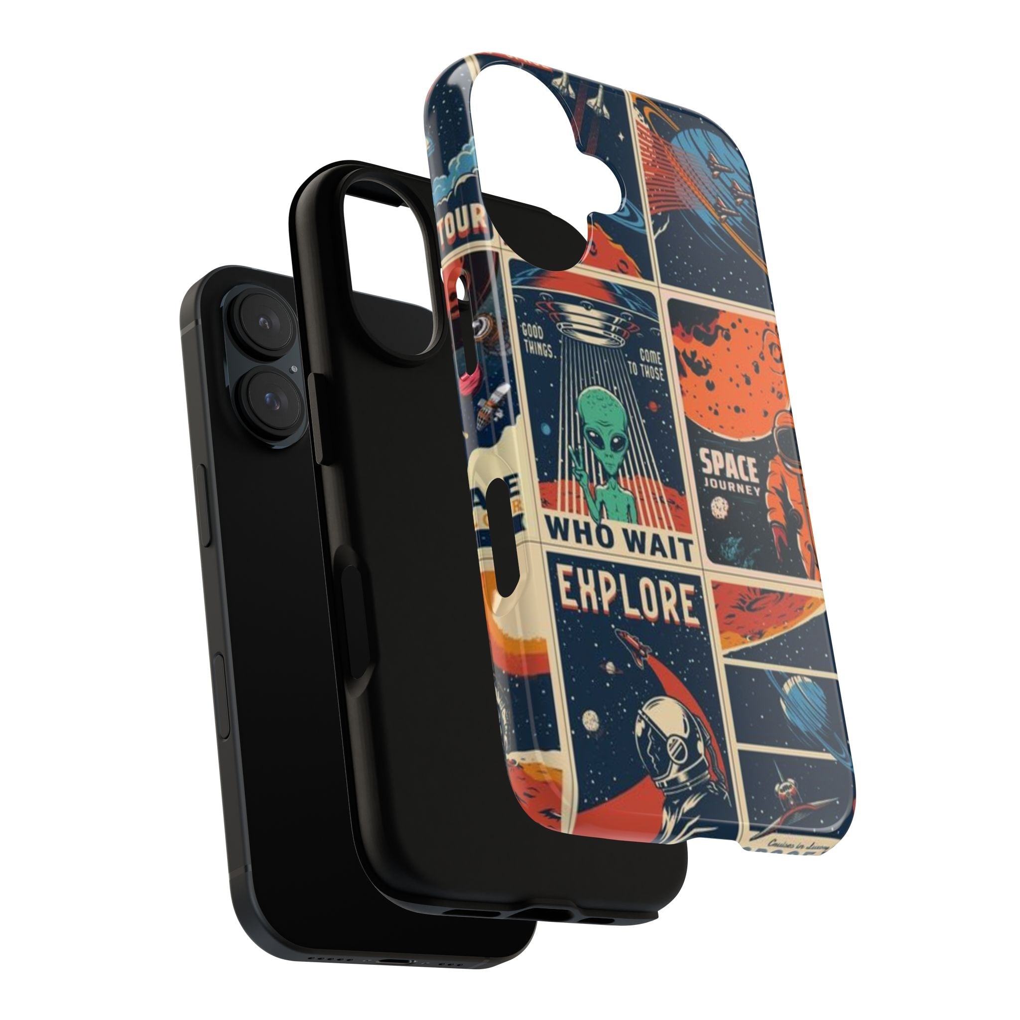 Retro Space Adventure Phone Case — 'Explore' Alien & Astronaut Collage Printify