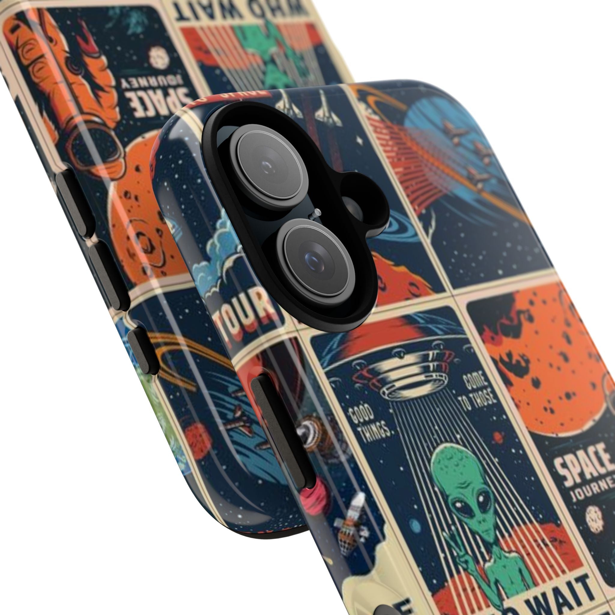 Retro Space Adventure Phone Case — 'Explore' Alien & Astronaut Collage Printify