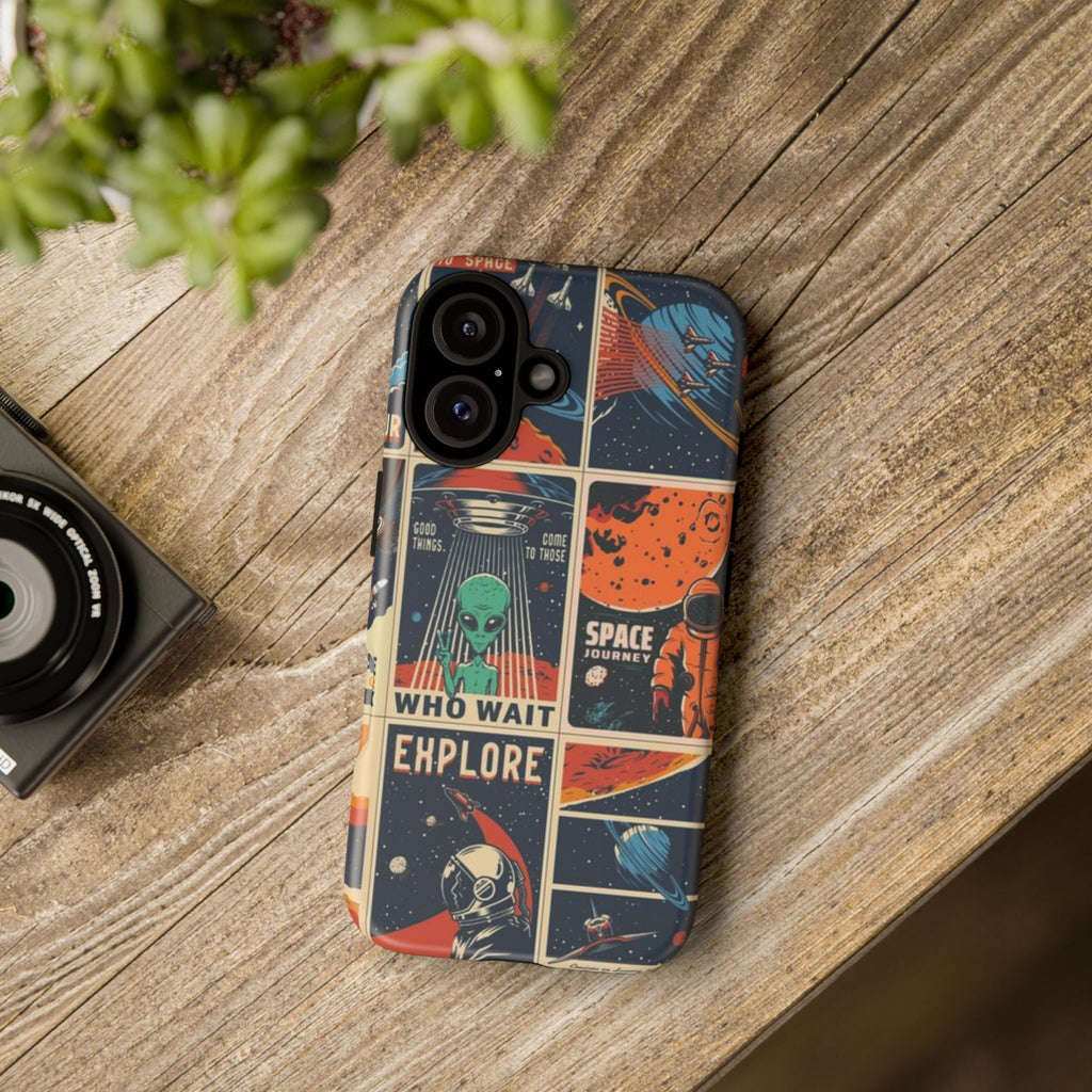 Retro Space Adventure Phone Case — 'Explore' Alien & Astronaut Collage Printify
