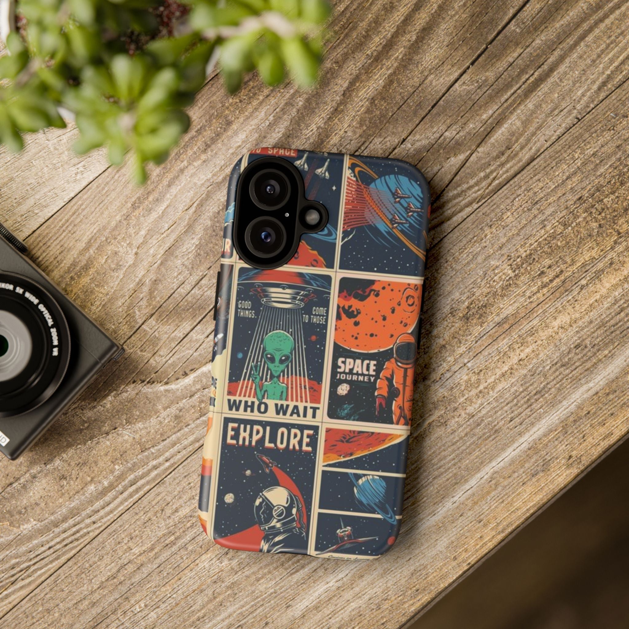 Retro Space Adventure Phone Case — 'Explore' Alien & Astronaut Collage Printify