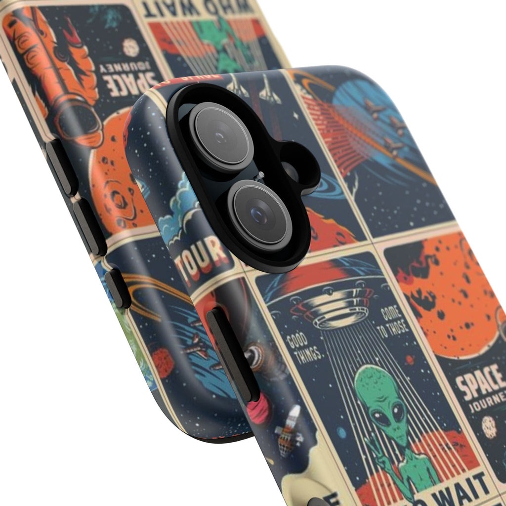 Retro Space Adventure Phone Case — 'Explore' Alien & Astronaut Collage Printify