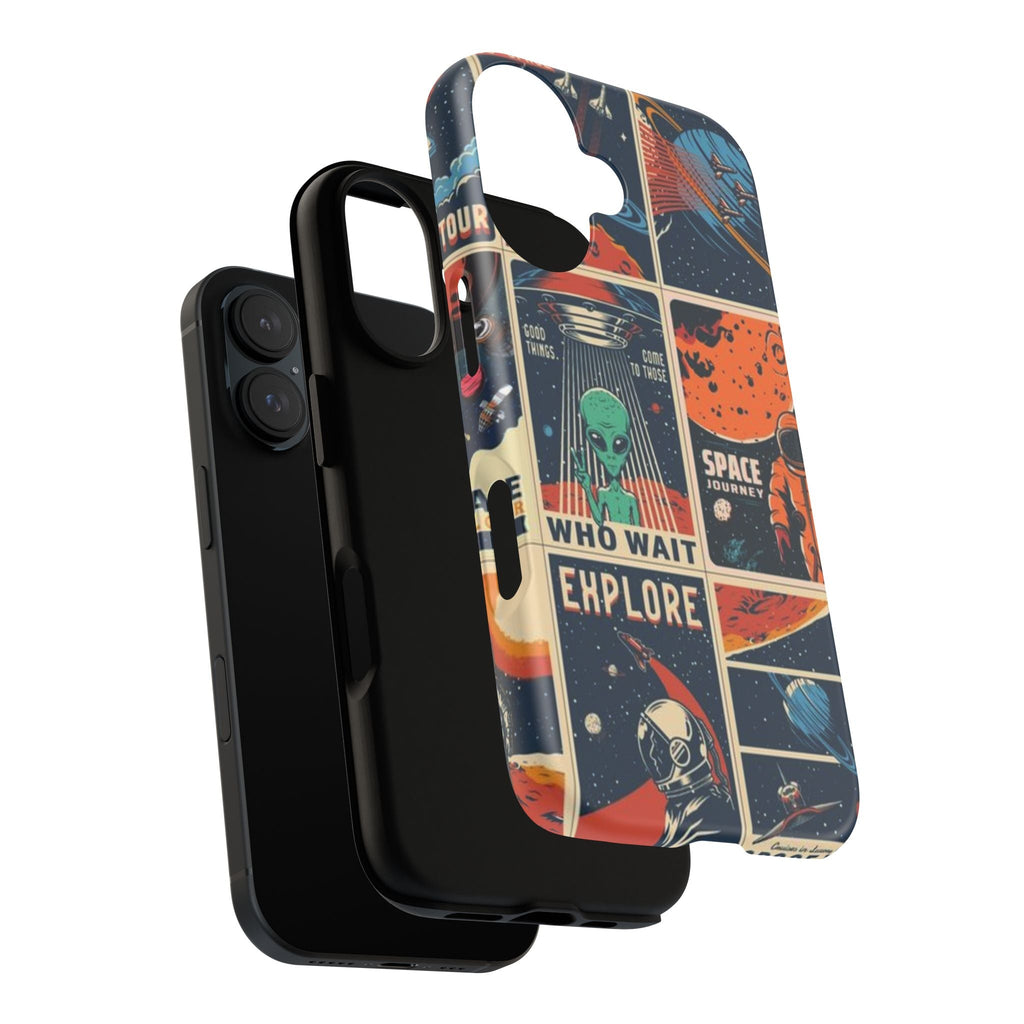 Retro Space Adventure Phone Case — 'Explore' Alien & Astronaut Collage Printify