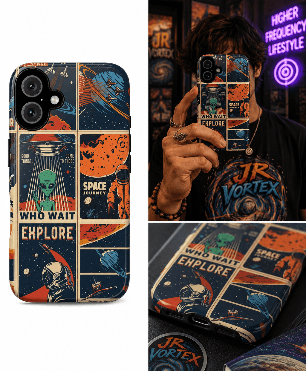 Retro Space Adventure Phone Case — 'Explore' Alien & Astronaut Collage
