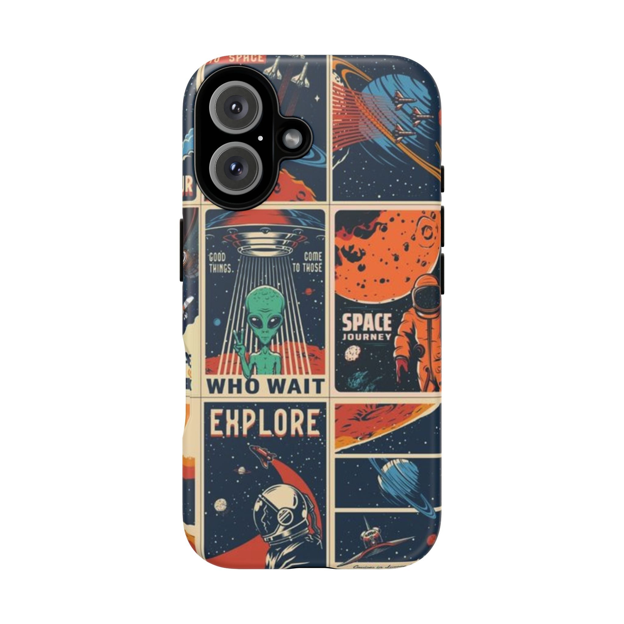 Retro Space Adventure Phone Case — 'Explore' Alien & Astronaut Collage Printify