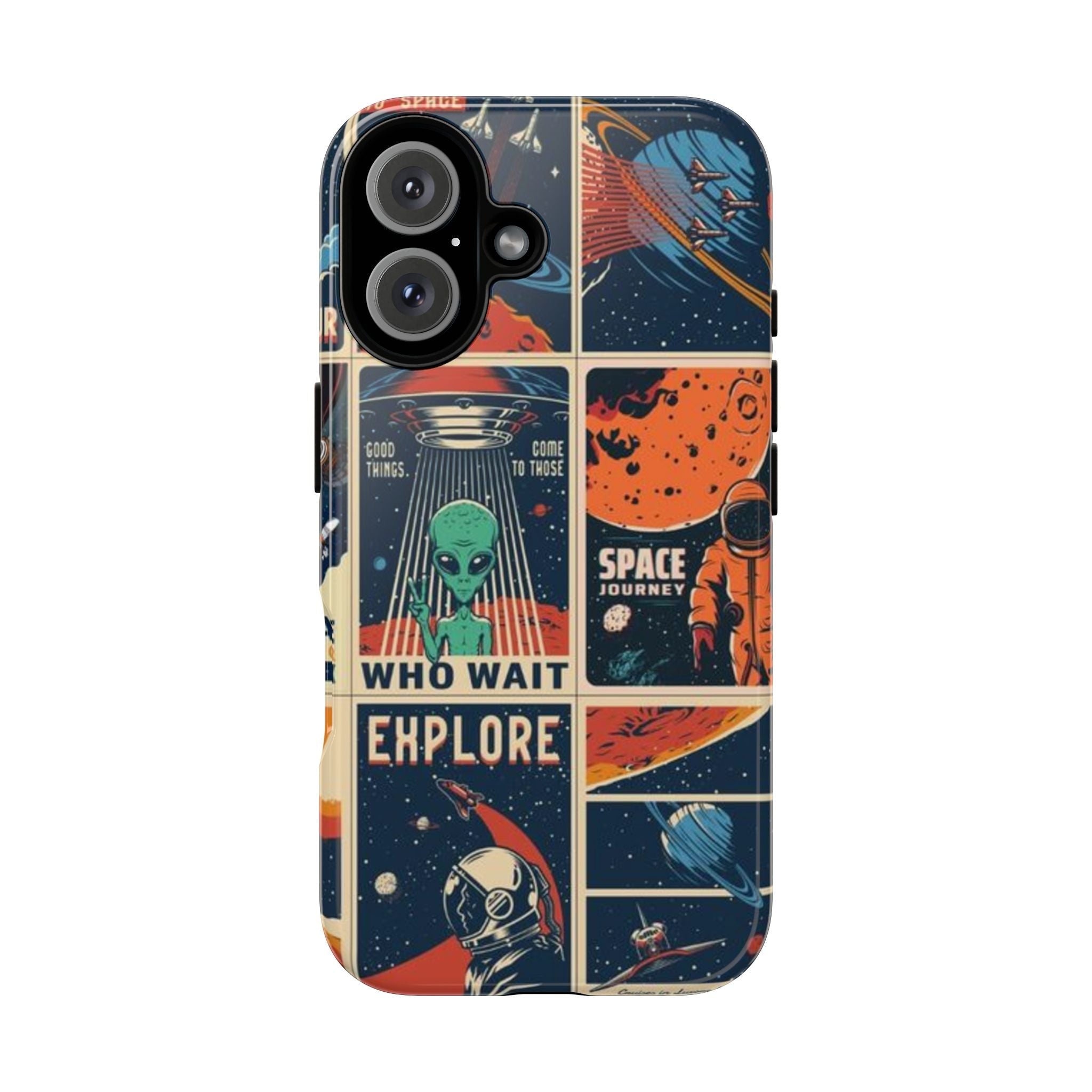 Retro Space Adventure Phone Case — 'Explore' Alien & Astronaut Collage Printify