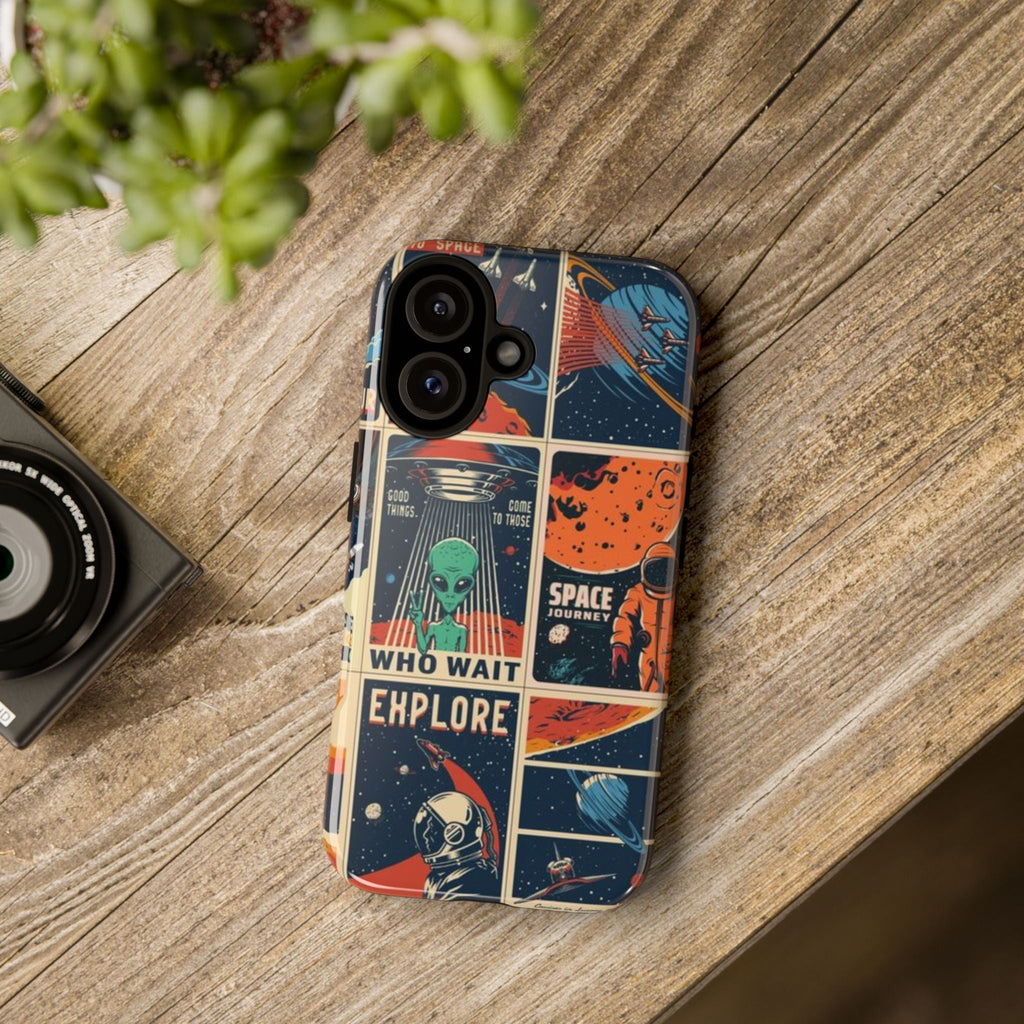 Retro Space Adventure Phone Case — 'Explore' Alien & Astronaut Collage Printify