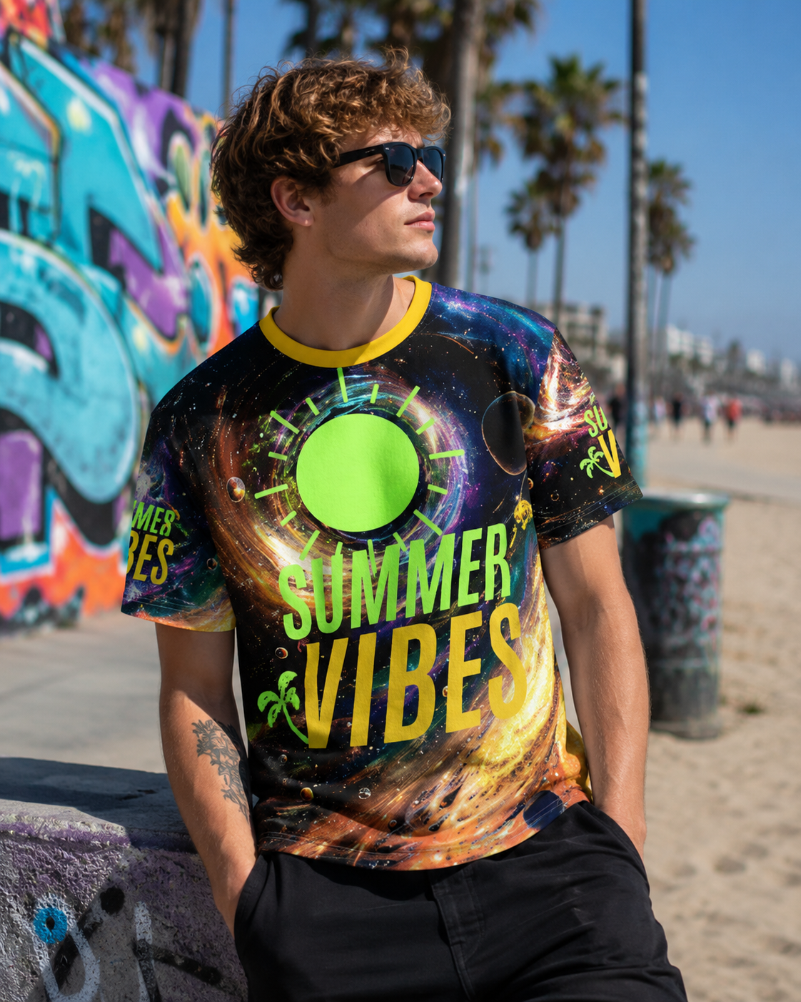 Cosmic Eclipse Summer Vibes T-Shirt, Galaxy Sun AOP Graphic Tee, Space Vacation Streetwear