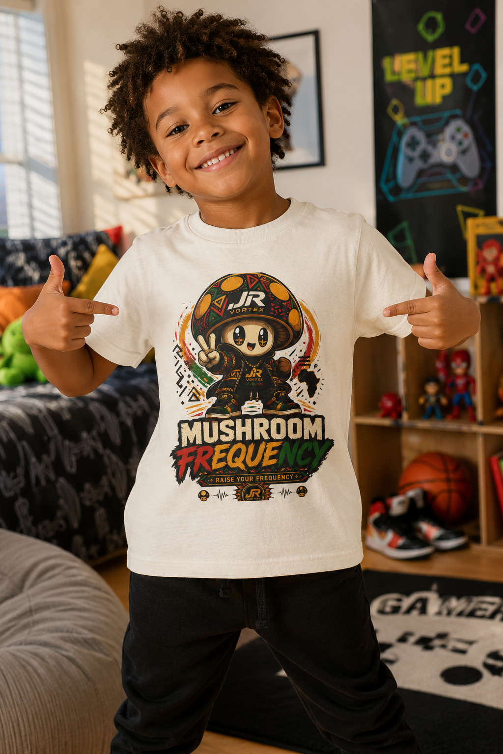 Mushroom Frequency Youth Tee — Playful Peace Sign Graphic