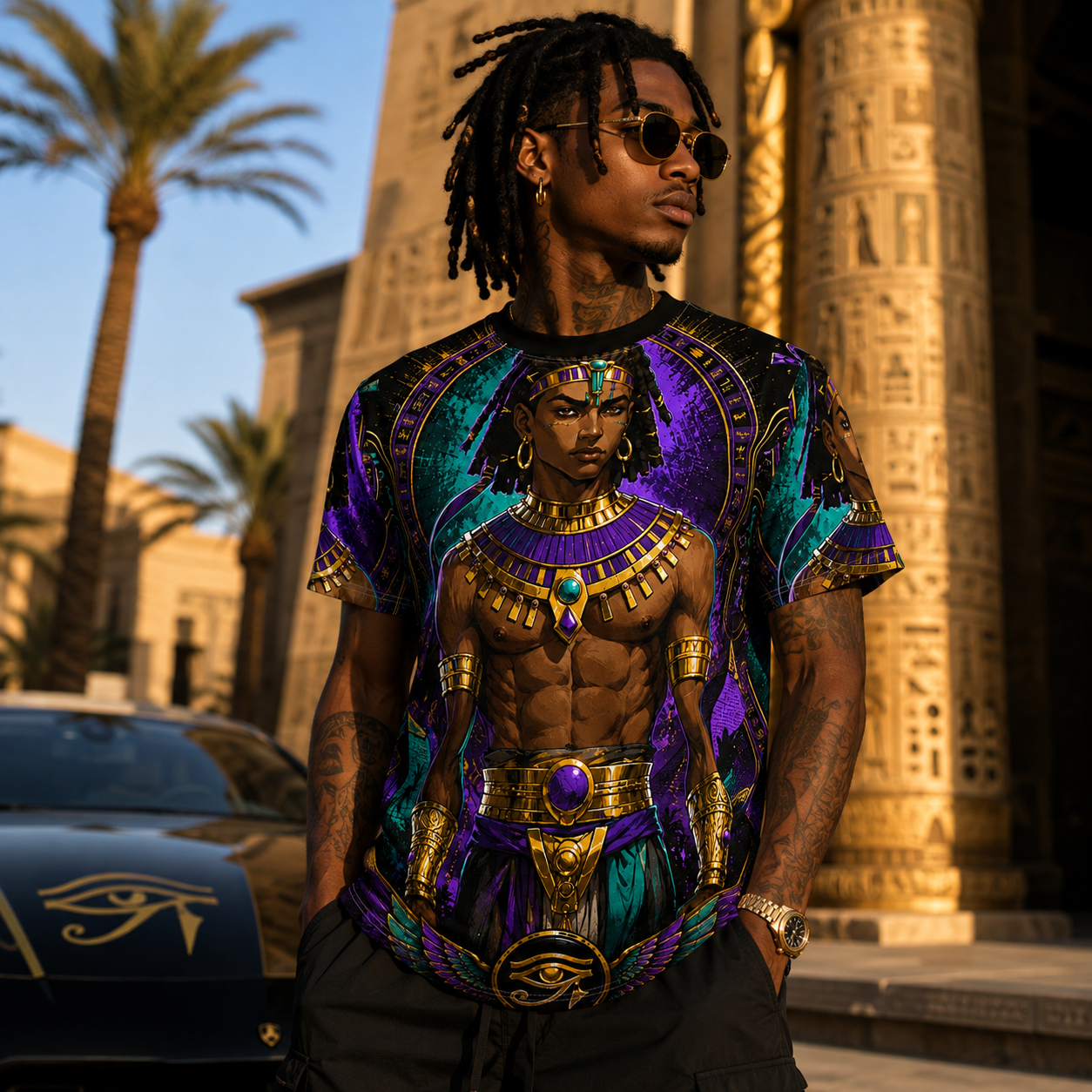 Egyptian Pharaoh Graphic Tee — Royal Ankh & Warrior Design