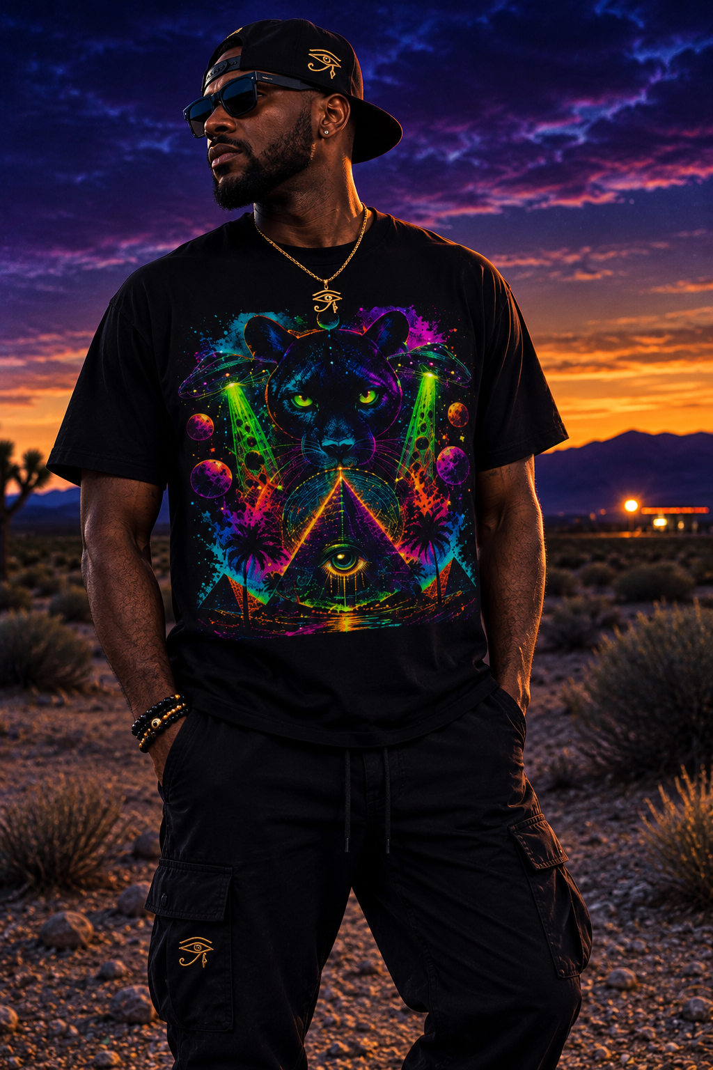 Mystic Panther Pyramid T-Shirt — Neon Psychedelic Cat Eye Graphic Tee
