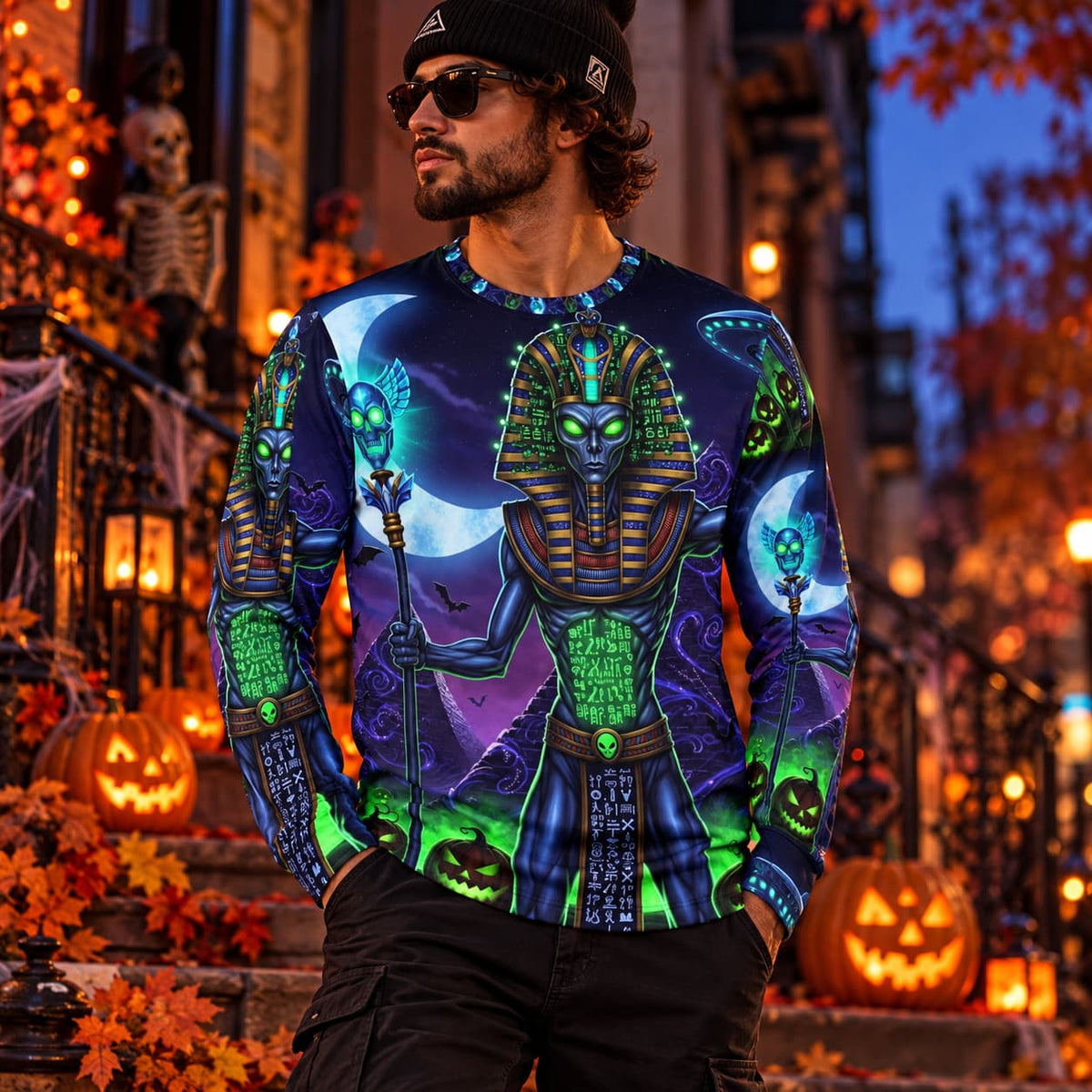 Alien Pharaoh Halloween Long Sleeve Shirt — Cosmic Egyptian AOP