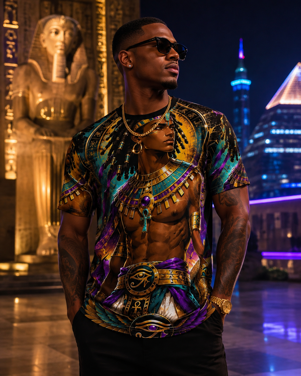 Egyptian King Ankh Graphic Tee — Golden Pharaoh All-Over Print