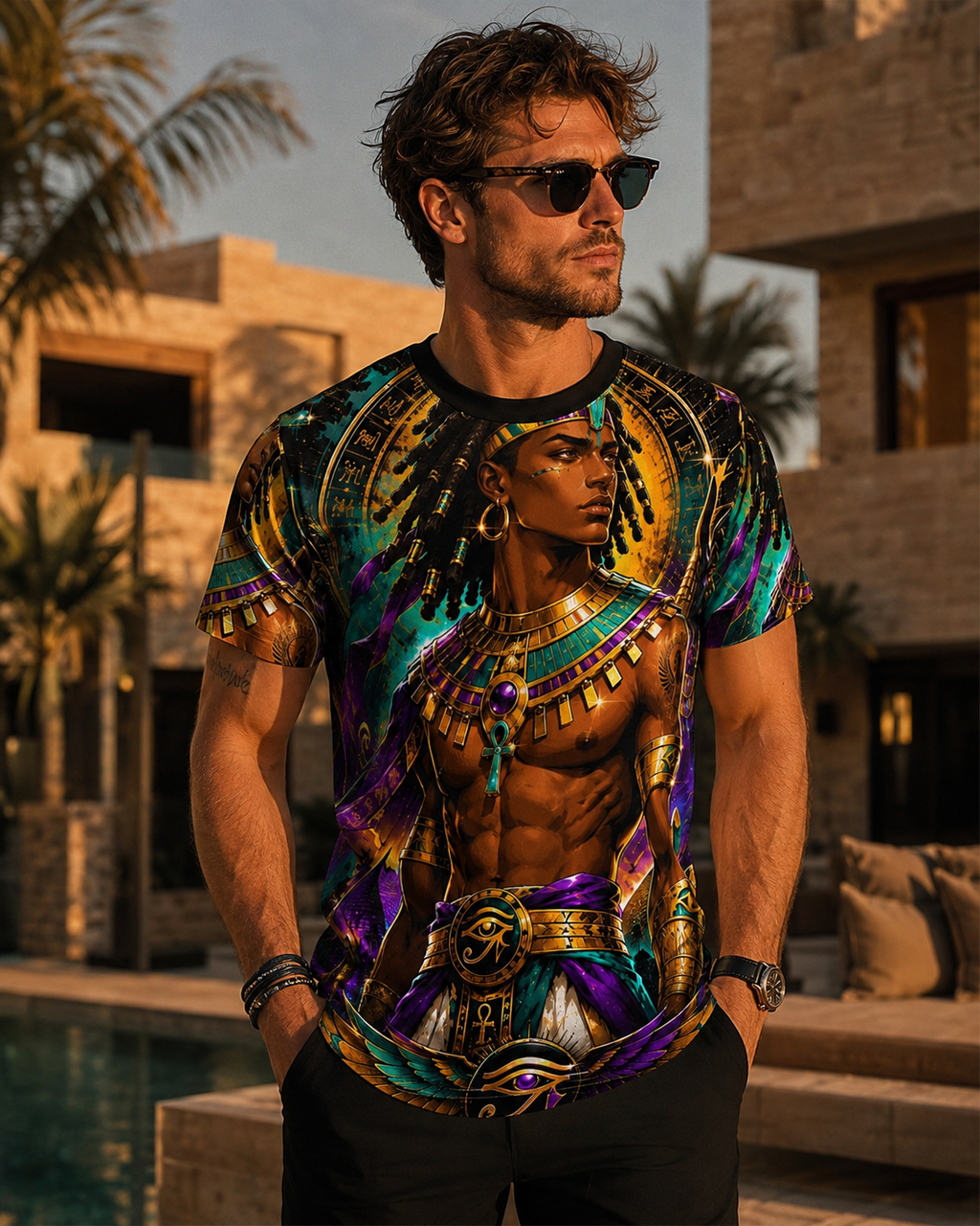 Egyptian King Ankh Graphic Tee — Golden Pharaoh All-Over Print