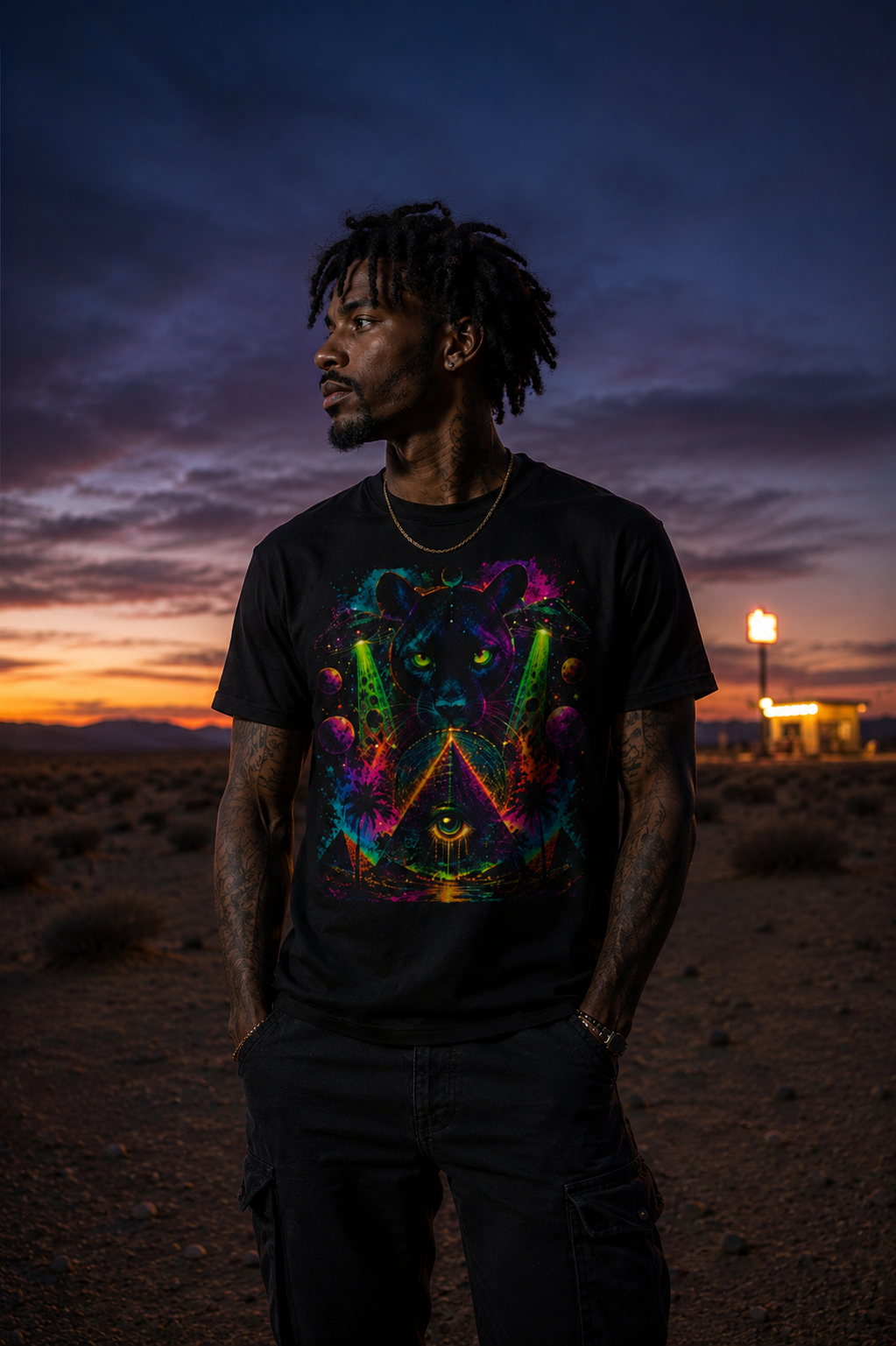 Mystic Panther Pyramid T-Shirt — Neon Psychedelic Cat Eye Graphic Tee
