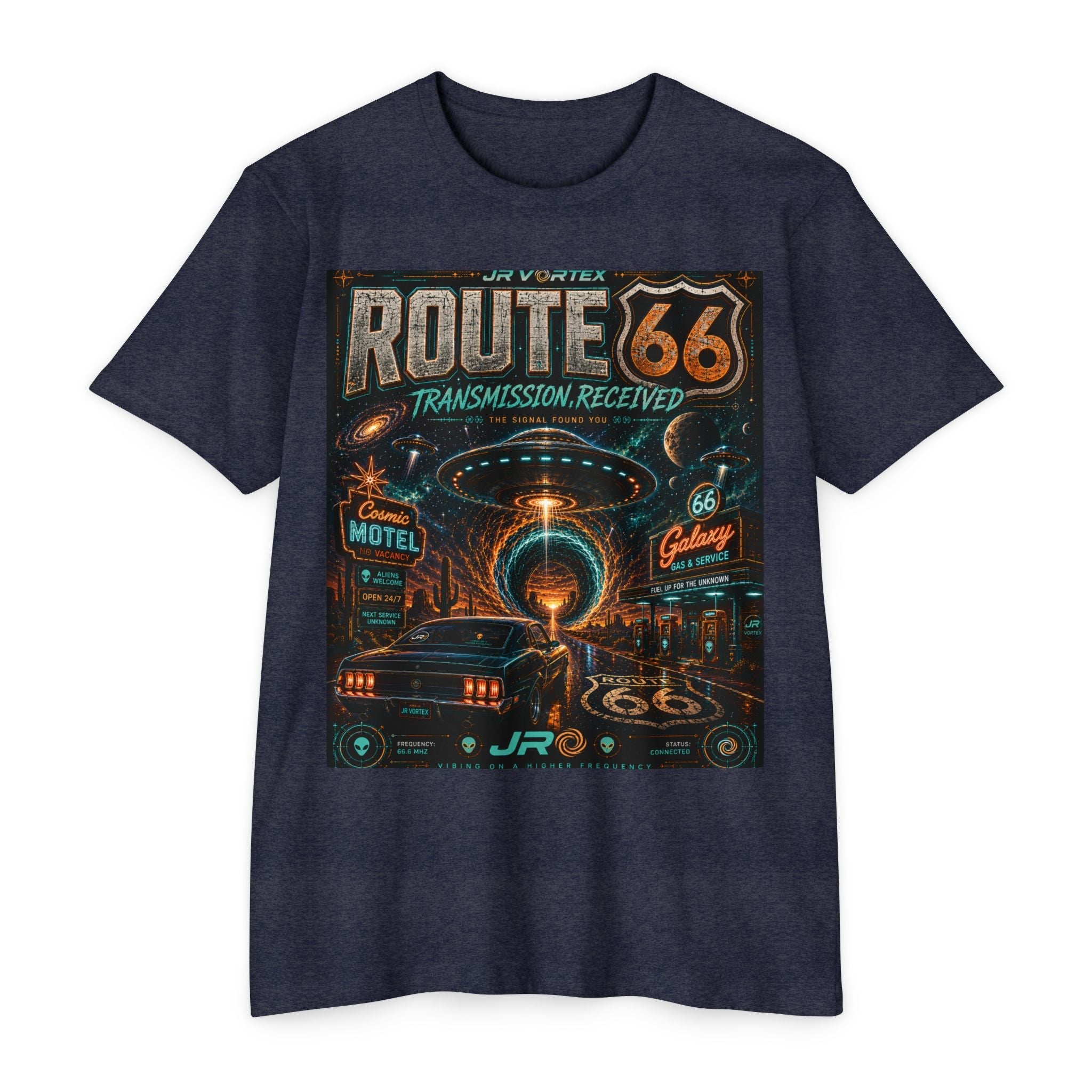 Route 66 Transmission Received Tee – JR Vortex Cosmic Signal Graphic T-Shirt