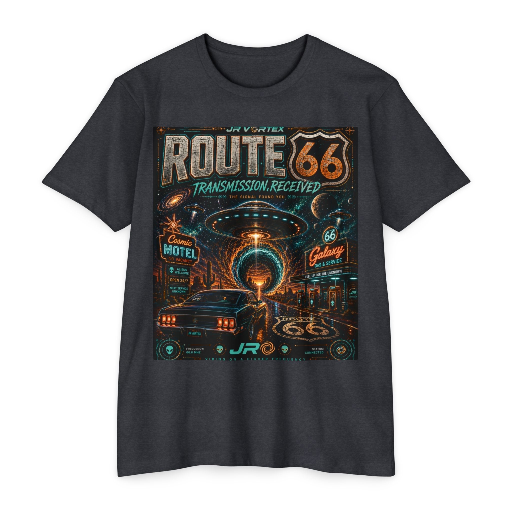 Route 66 Transmission Received Tee – JR Vortex Cosmic Signal Graphic T-Shirt