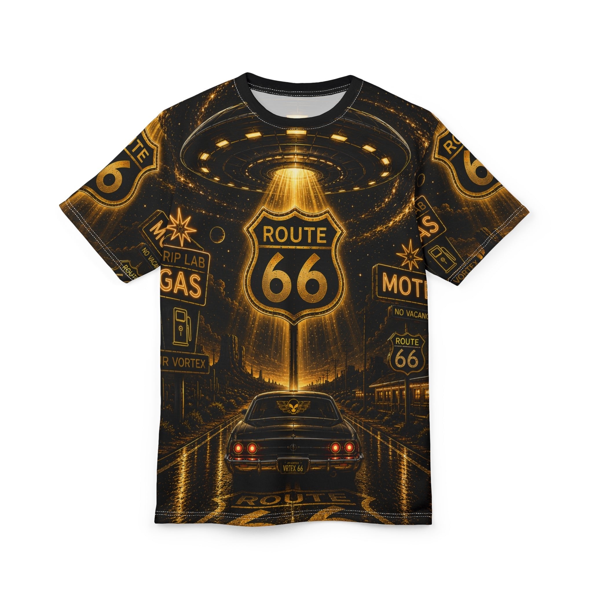 Route 66 Vintage Road Trip Tee — Retro Muscle Car & Neon Sign Graphic