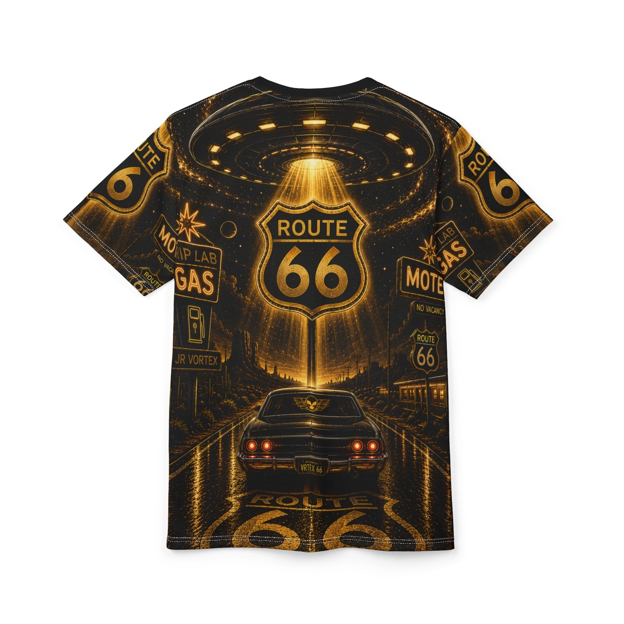 Route 66 Vintage Road Trip Tee — Retro Muscle Car & Neon Sign Graphic