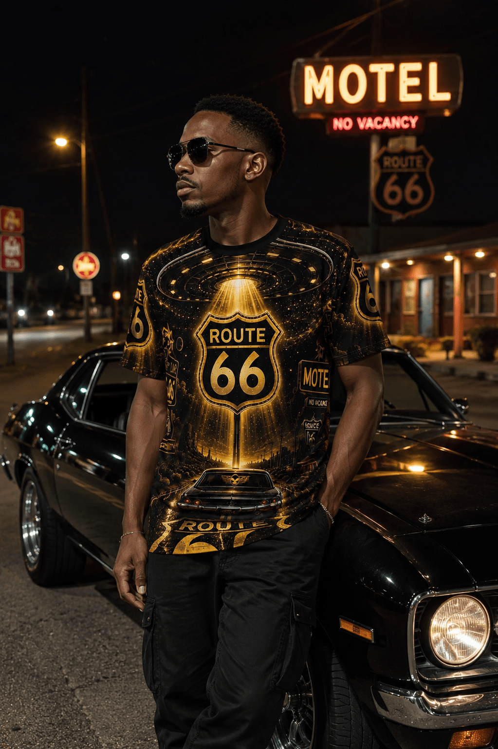 Route 66 Vintage Road Trip Tee — Retro Muscle Car & Neon Sign Graphic
