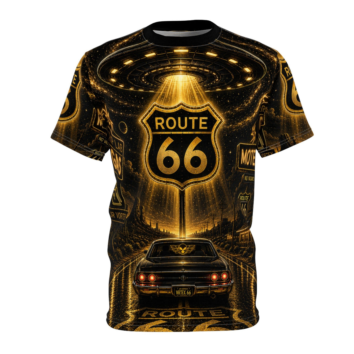 Route 66 Vintage Road Trip Tee — Retro Muscle Car & Neon Sign Graphic