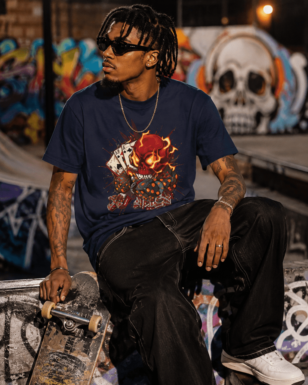 Skull Poker Tee — Hellfire Skull with Playing Cards Graphic T-Shirt