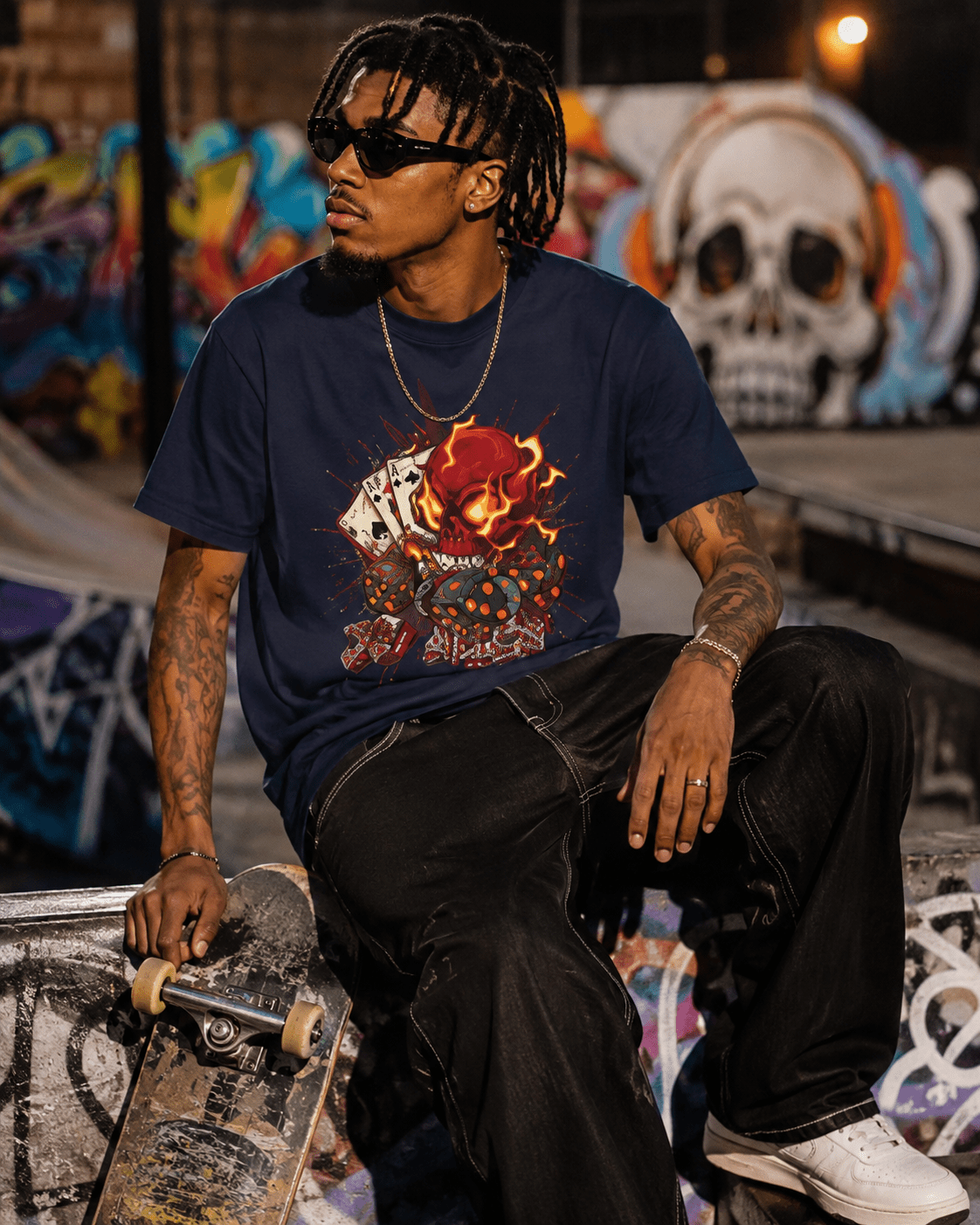 Skull Poker Tee — Hellfire Skull with Playing Cards Graphic T-Shirt