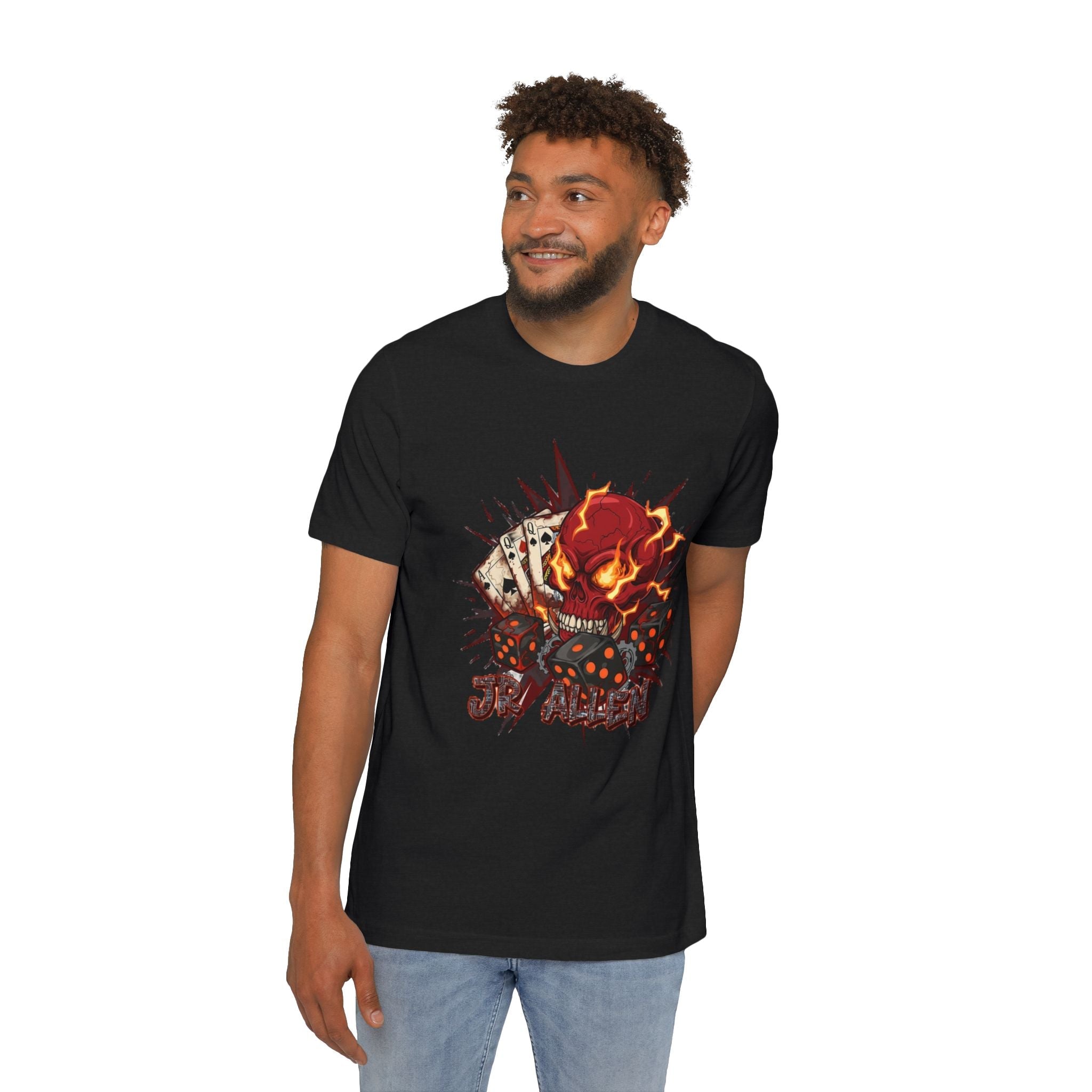 Skull Poker Tee — Hellfire Skull with Playing Cards Graphic T-Shirt Printify