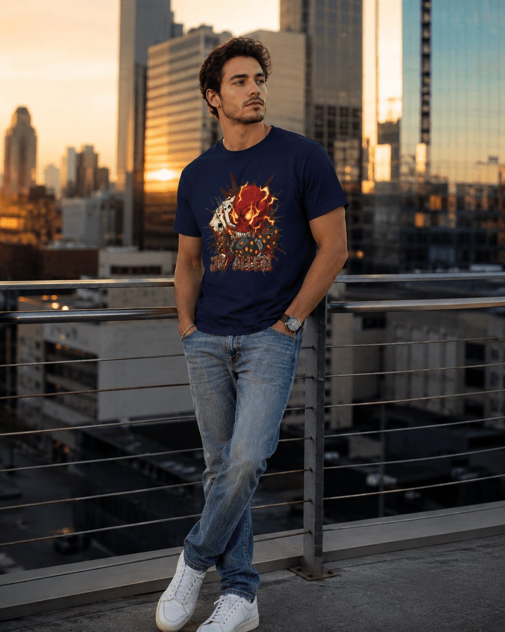 Skull Poker Tee — Hellfire Skull with Playing Cards Graphic T-Shirt