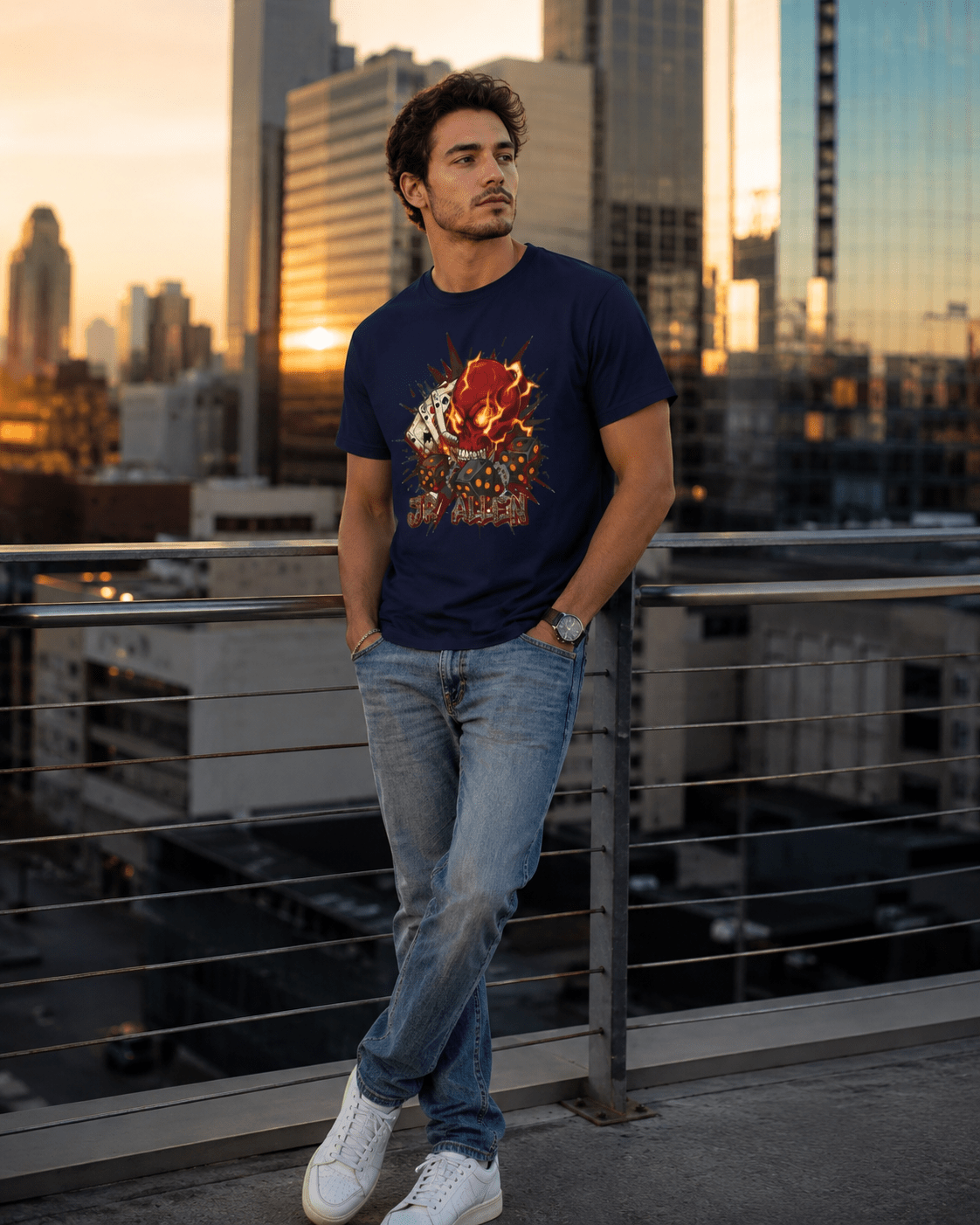 Skull Poker Tee — Hellfire Skull with Playing Cards Graphic T-Shirt