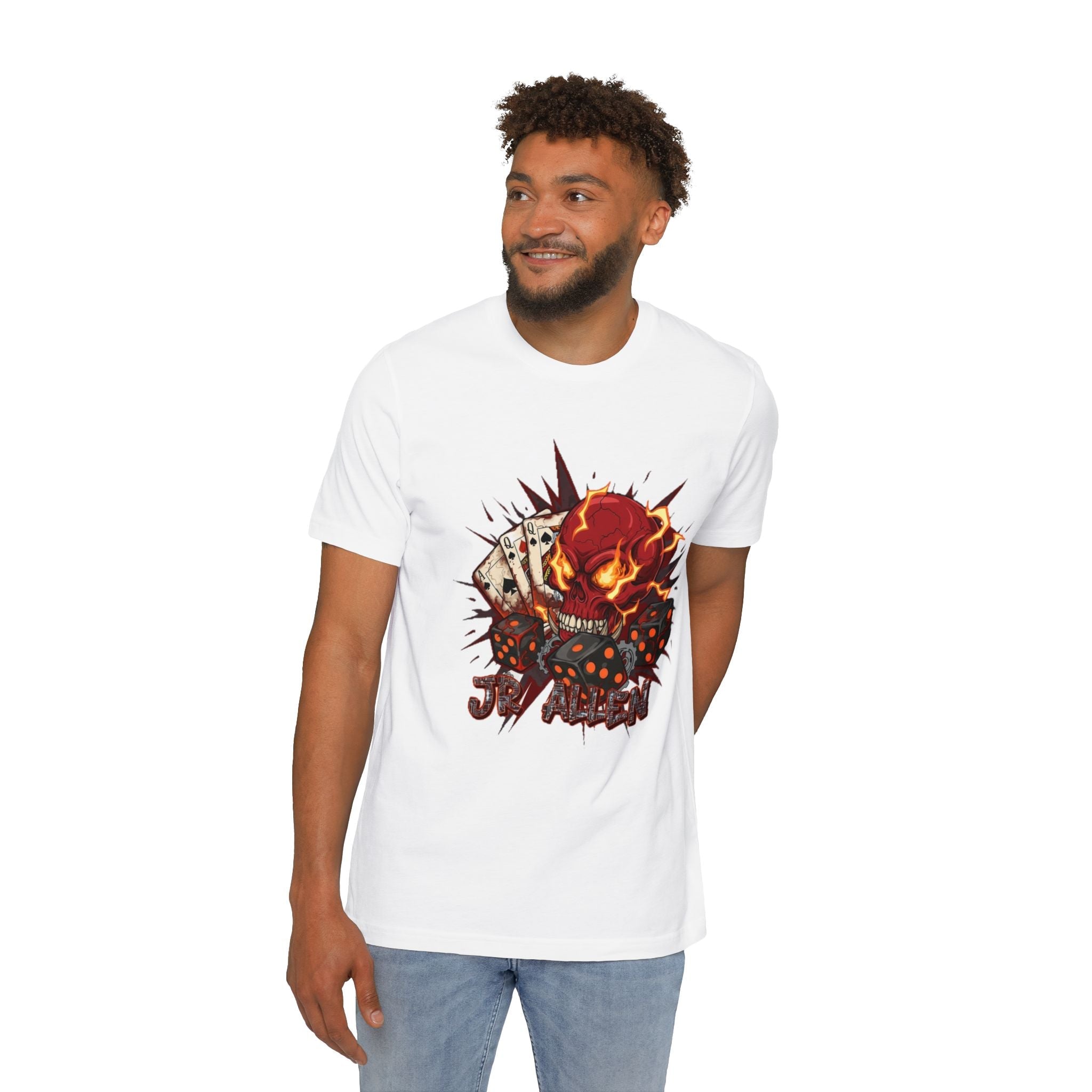 Skull Poker Tee — Hellfire Skull with Playing Cards Graphic T-Shirt Printify