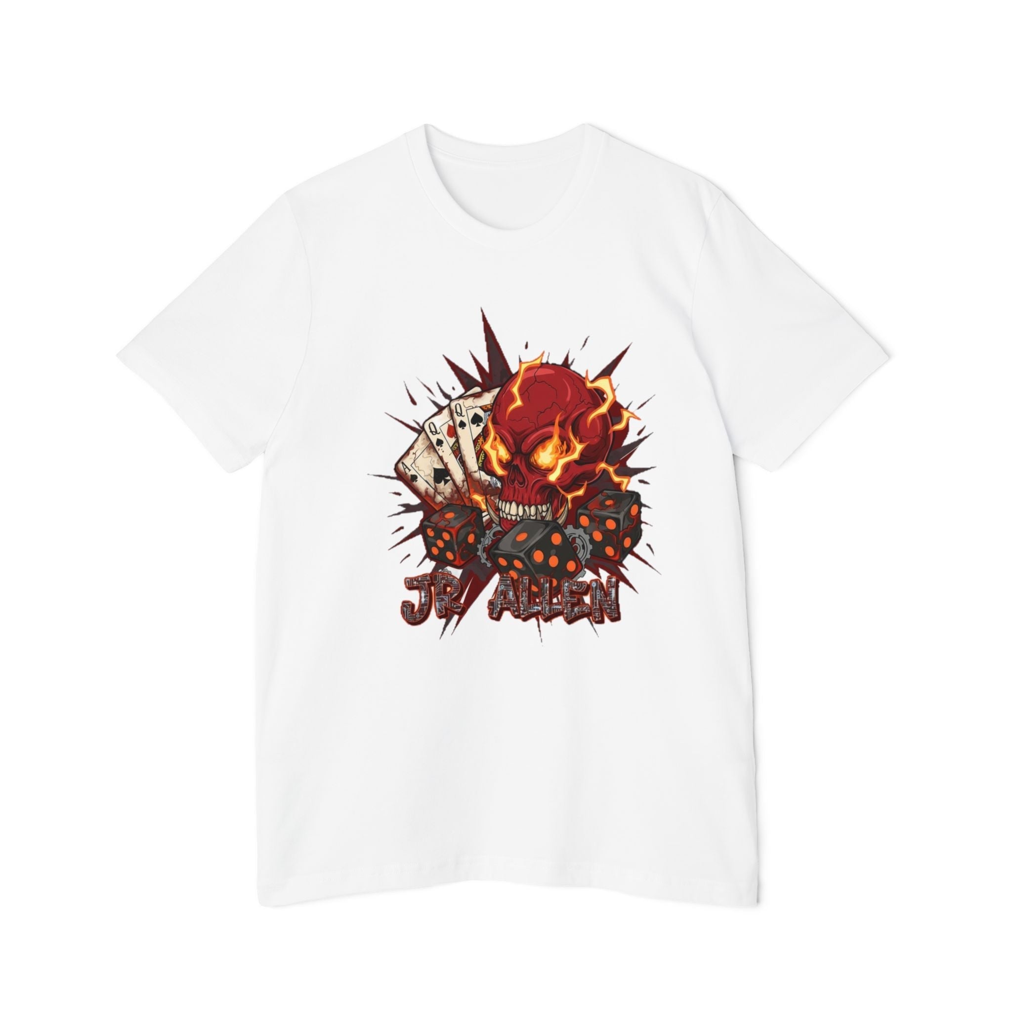 Skull Poker Tee — Hellfire Skull with Playing Cards Graphic T-Shirt Printify