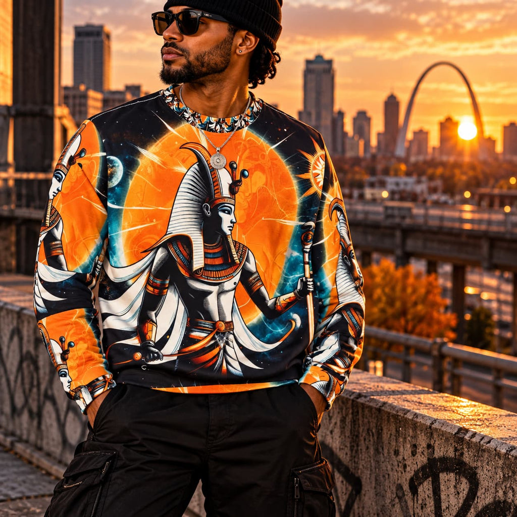 Solar Pharaoh AOP crewneck sweatshirt by JR Vortex — Egyptian pharaoh against a blazing orange cosmic sun, all-over print