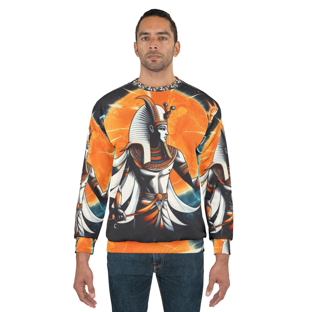Solar Pharaoh crewneck sweatshirt alternate view — Egyptian guardian and cosmic sun print on sleeves