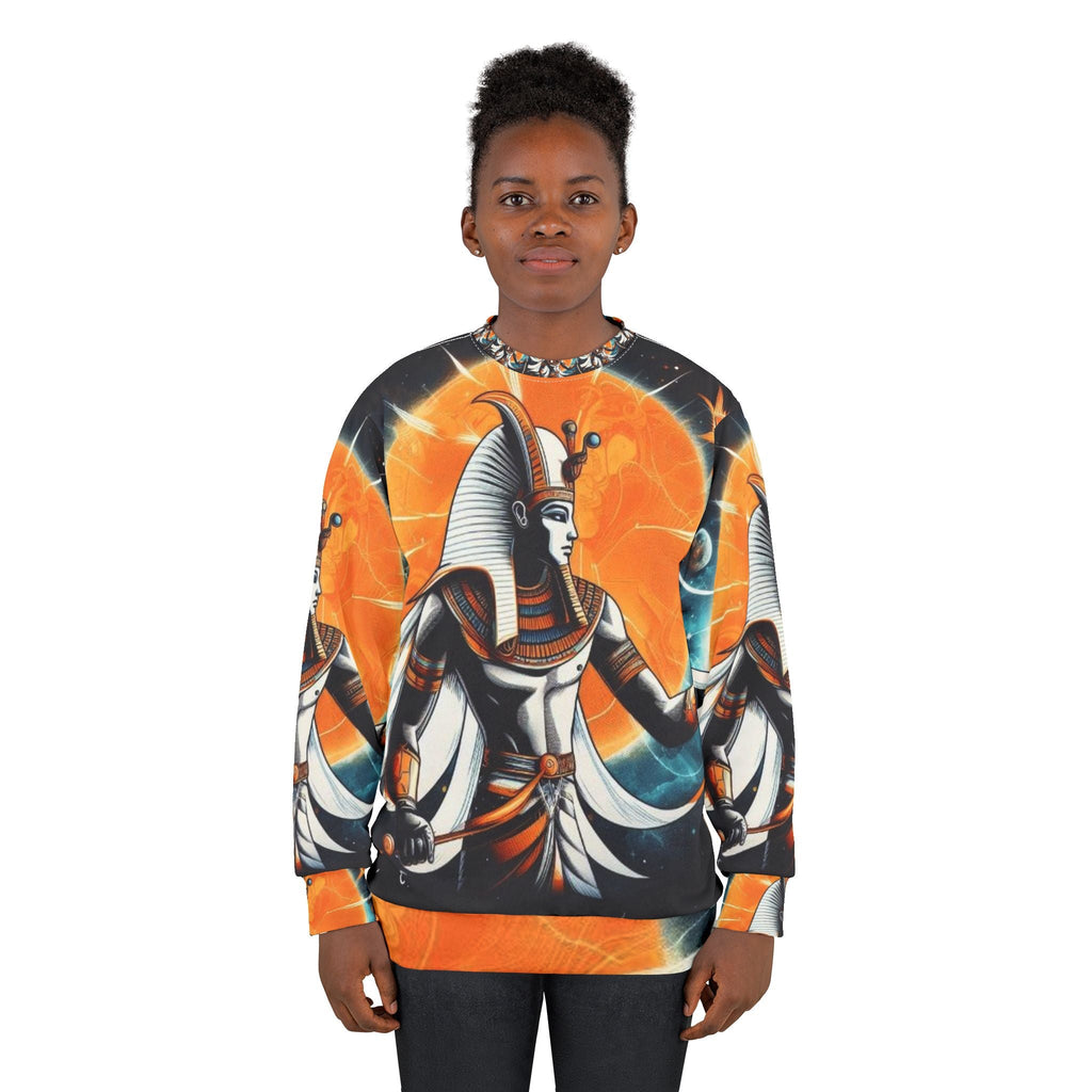 JR Vortex Solar Pharaoh Egyptian streetwear sweatshirt — all-over cosmic print, unisex classic fit