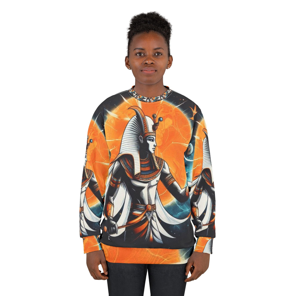 JR Vortex Solar Pharaoh Egyptian streetwear sweatshirt — all-over cosmic print, unisex classic fit