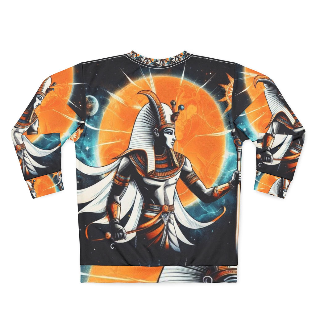 Solar Pharaoh AOP sweatshirt detail — edge-to-edge Egyptian cosmic artwork with ribbed collar and cuffs