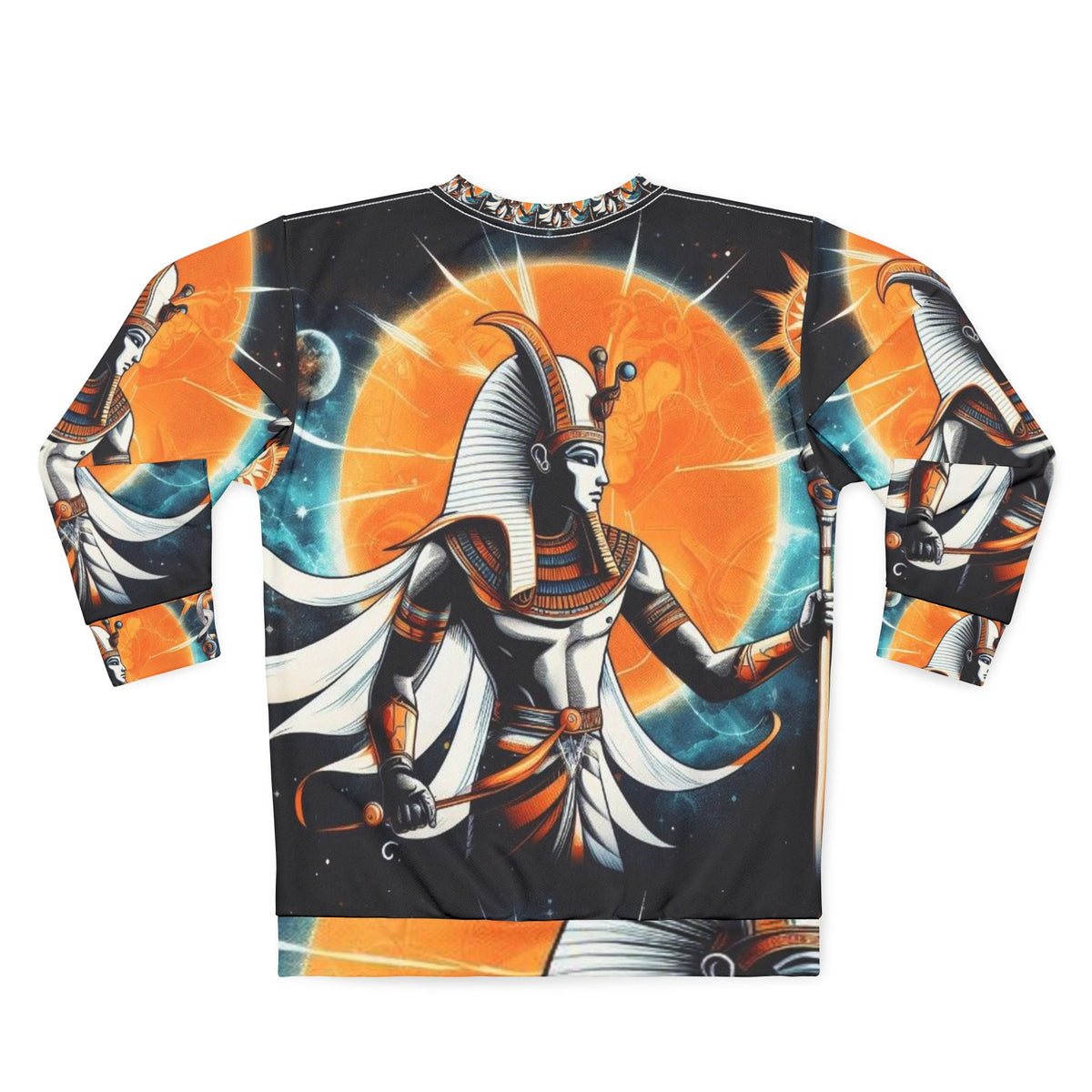 Solar Pharaoh AOP sweatshirt detail — edge-to-edge Egyptian cosmic artwork with ribbed collar and cuffs