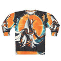 Solar Pharaoh all-over print crewneck sweatshirt, Ancient Frequency collection, orange black and white Egyptian design