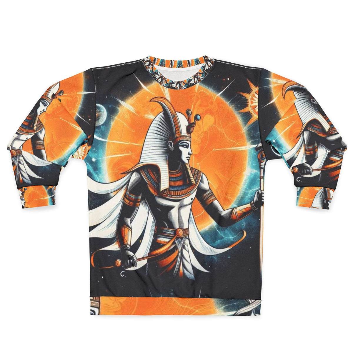 Solar Pharaoh all-over print crewneck sweatshirt, Ancient Frequency collection, orange black and white Egyptian design