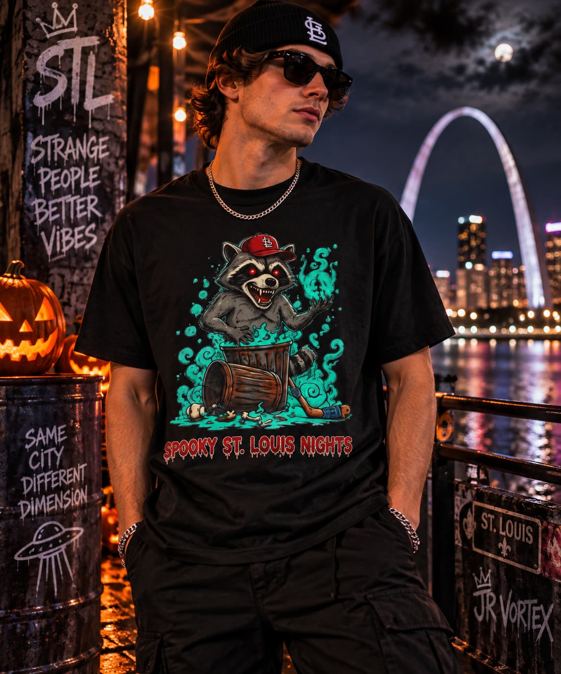Spooky St. Louis Nights Raccoon Tee – Halloween Streetwear